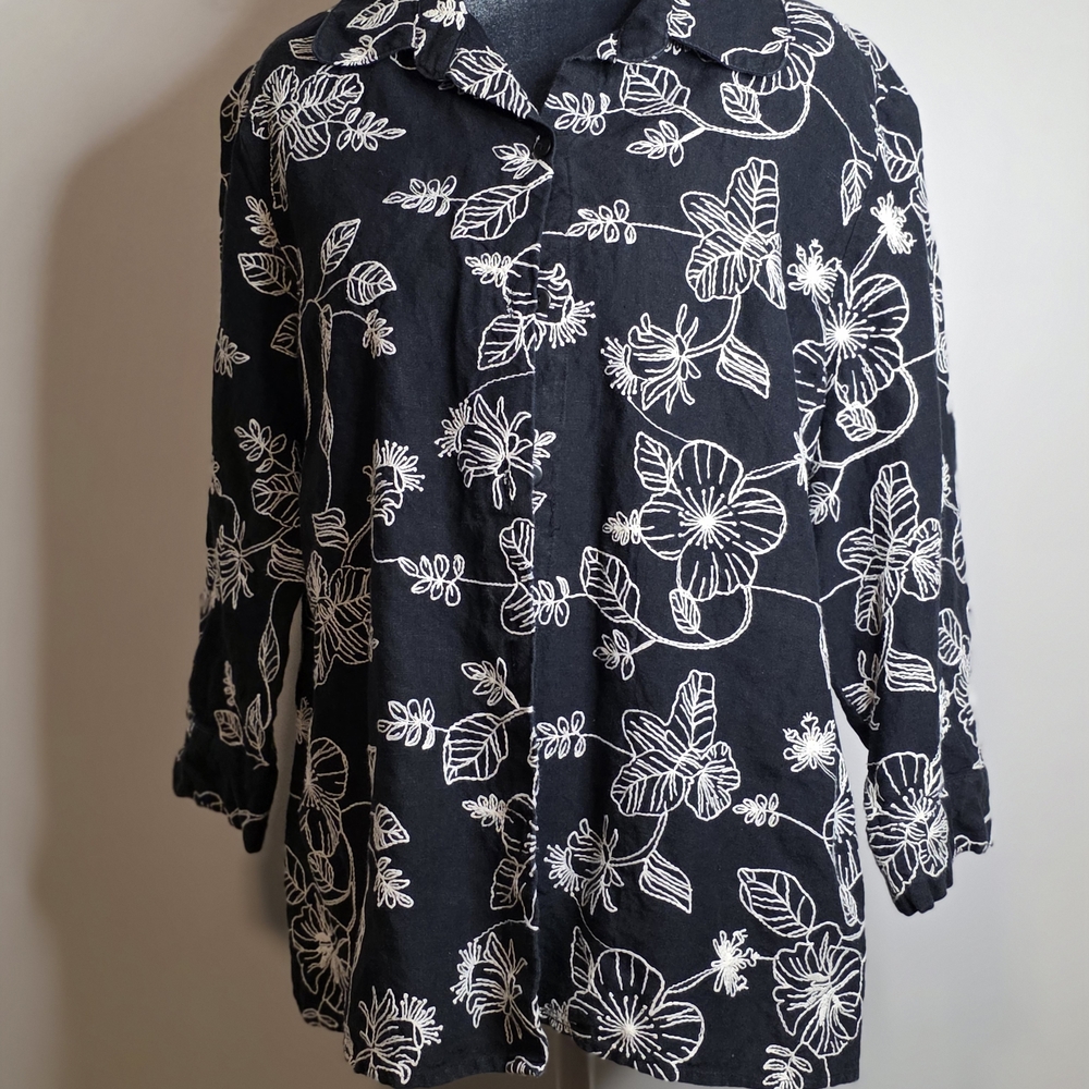 Carole Little Vintage 100% Linen Embroidered Floral Blouse Black White XL